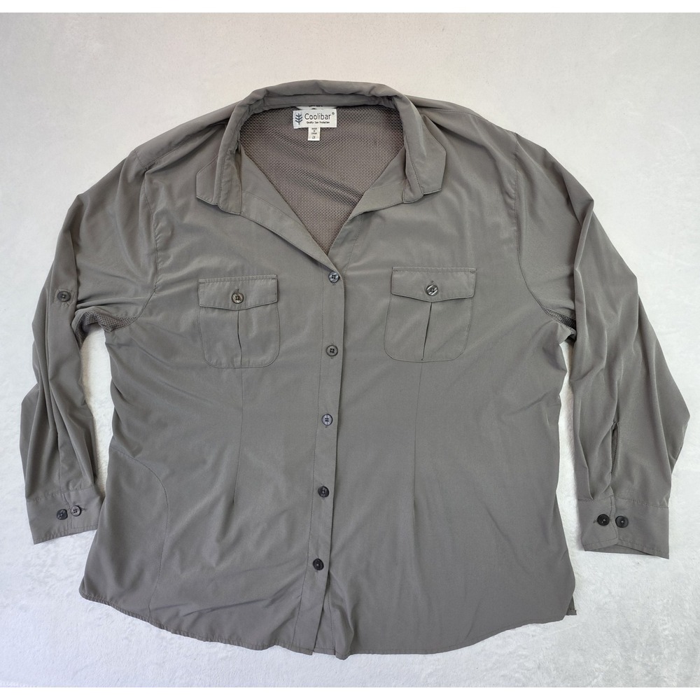Coolibar UPF 50+ Sun Shirt Womens 2X Gray Outdoor Fishing Hiking Vent Hidden Hoo